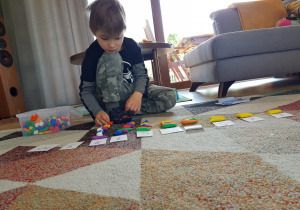 Chłopiec układa plastikowe warzywa pod kartonikami z cyframi.